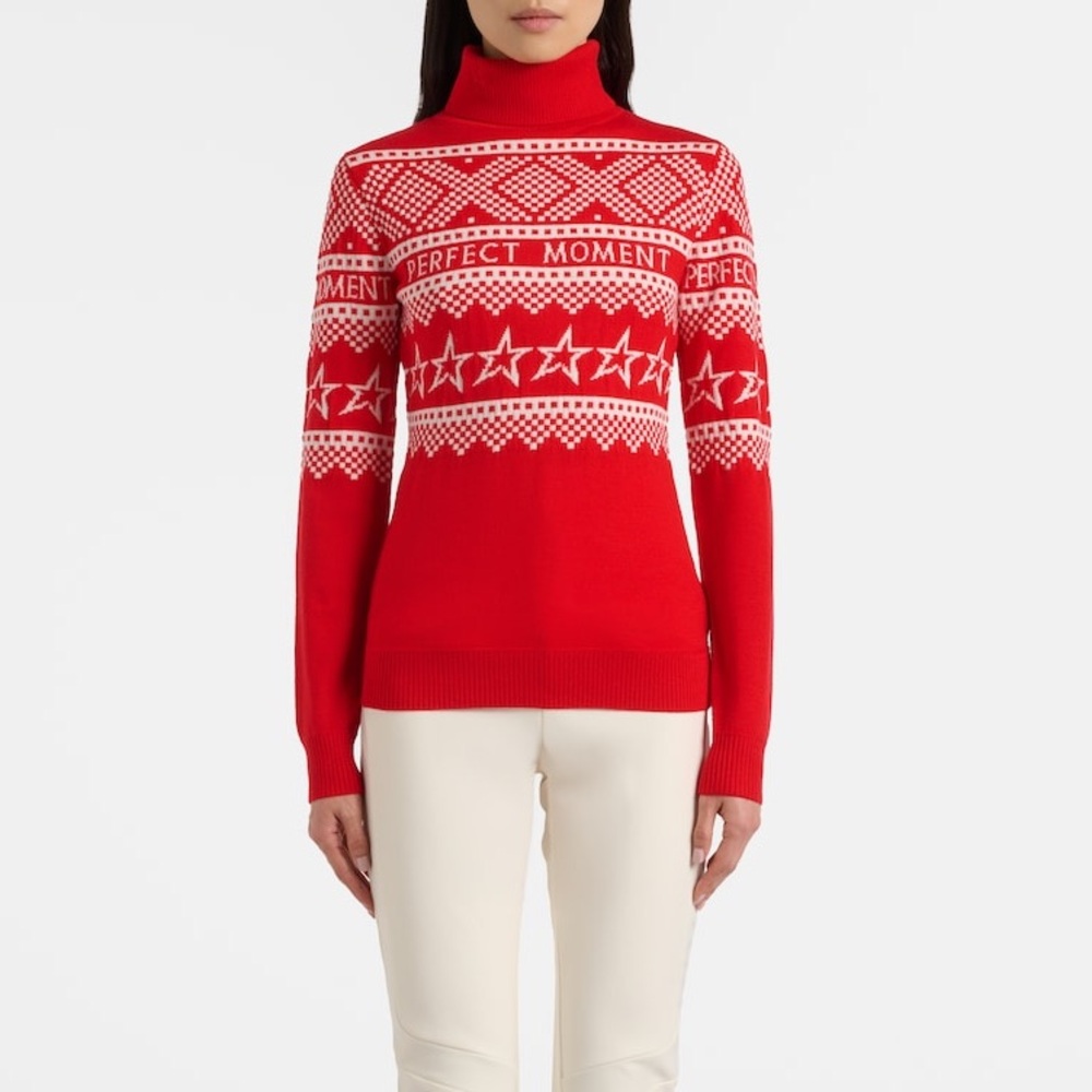 Perfect Moment Holiday Roll Neck Ski Sweater in Red and White NWT